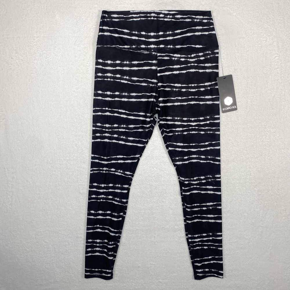 Scorpio Sol Women's L Leggings Black White Tie Dye Striped High Waisted Yoga